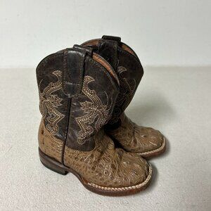 Tanner Mark Boot Kids 8 Tan Brown Leather Horn Back Gator Print Decker TMK205158